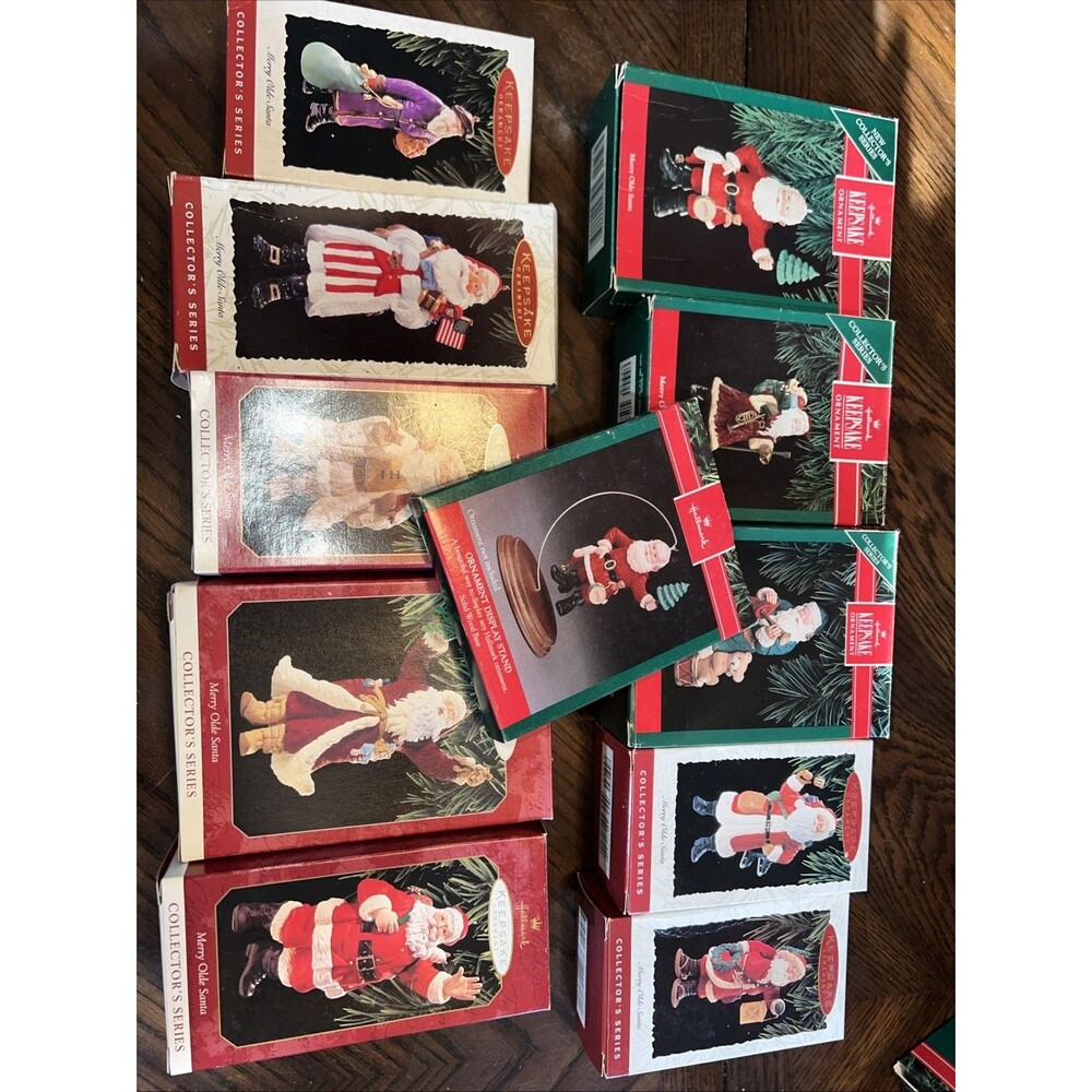 Hallmark Christmas Ornaments MERRY OLDE SANTA Complete 1-10 Set Box WITH STAND!